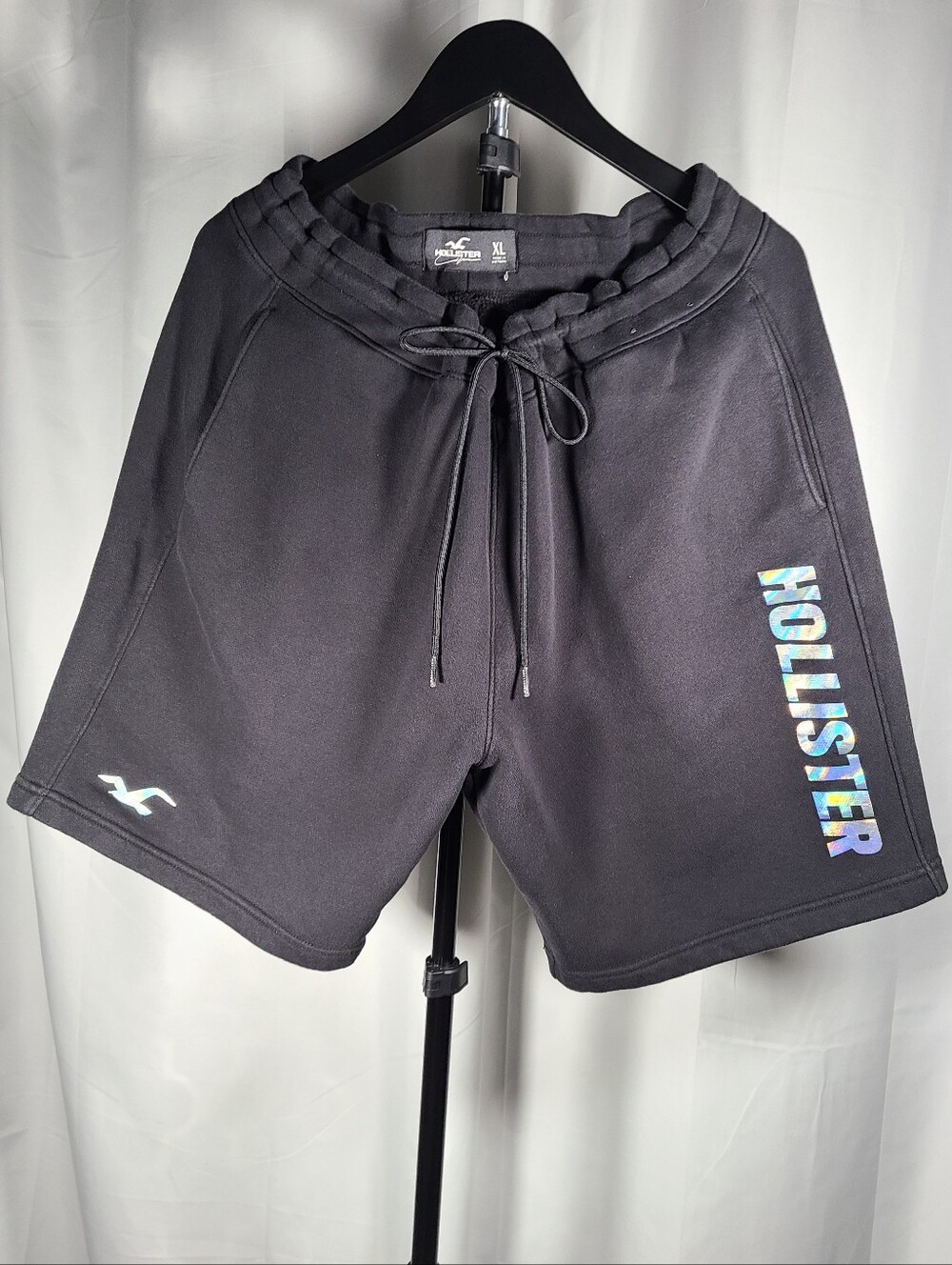 Hollister Black Athletic Drawstring Shorts with Iridescent Logo